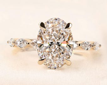 Anillo de compromiso con diamante cultivado en laboratorio de talla ovalada de 3 quilates, anillo de boda con diamantes marquesa laterales para mujer, anillo de aniversario de oro de lujo con halo oculto.