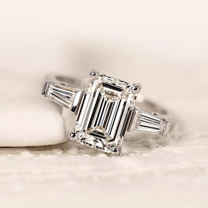 Emerald Cut Lab Grown Diamond Three Stone Engagement Ring, Side Tapper Baguette Diamond Ring For Proposal, Luxury Anniversary Gift For Wife