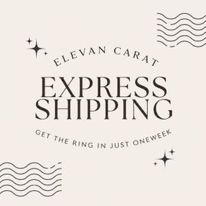 May include: A square graphic with a light beige background featuring dark brown text that reads ELEVAN CARAT EXPRESS SHIPPING GET THE RING IN JUST ONEWEEK. The design includes four-pointed star icons and wavy line patterns in the corners.