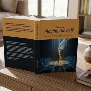 Op de afbeelding: Een open boek met de titel "Playing the Self" van J. Delaney, met een omslagillustratie van een hand die naar een figuur reikt. Het boek ligt op een houten tafel met een kopje koffie, een kleine vaas en een notitieboek.