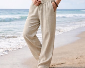 Pantalons homme en coton et lin, Pantalons de plage d'été amples, Pantalons décontractés légers et respirants, Pantalons coupe ample avec cordon de serrage