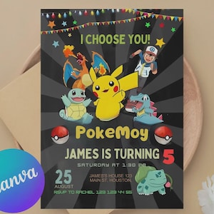 Pikachu Birthday Invitation, Kids Pokemone Birthday Invitation, Easy To Edit Birthday Invitation, Canva Template, Printable Invite, Download