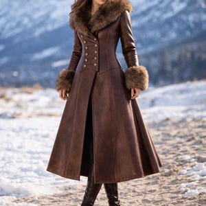 Women's Retro Style Leather Maxi Coat With Fur Collar, Handmade Long Trench Coat, Long Jacket Streetwear Overcoat