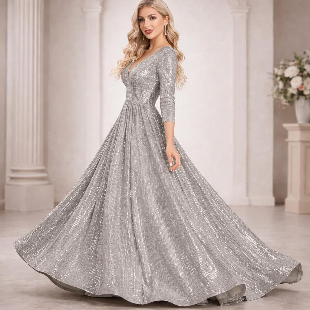 grey beaded maxi dress Davinci Bridal 50822 Long Sheer Beaded Sequin Wedding Dress Formal Gow –  Glass Slipper Formals main image 1