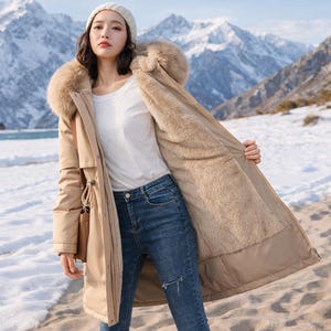 Lyxig quiltad pufferjacka, varm parkas med dragsko, fritidsparkas med fickor, vadderad lång kappa