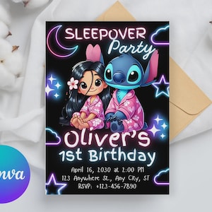 May include: A black invitation card with a neon design for a sleepover party. The card features cartoon characters, the text "Sleepover Party", "Oliver's 1st Birthday", and event details. The Canva logo is in the bottom left corner.