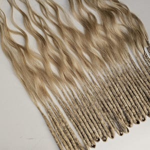 K&ouml;nnte beinhalten: Eine Sammlung blond- und hellbrauner Dreadlocks. Die Dreadlocks gehen von welligem Haar in eng gewickelte, seilartige Str&auml;hnen &uuml;ber. Einige Str&auml;hnen haben einen dunkleren, gemusterten Akzent.