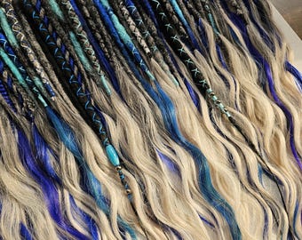 Dreads Trecce Dreadlocks Boho Spina di pesce Ricci lunghi Doppie punte Estensioni singole Riutilizzabili Blu navy mare bianco grigio