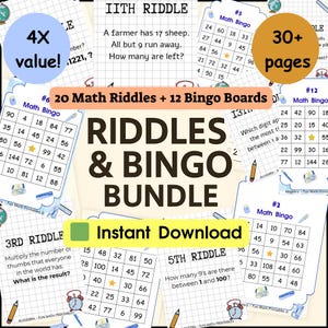 May include: A bundle of educational materials featuring math riddles and bingo boards. The image includes the text "Riddles & Bingo Bundle" and "Instant Download." Various bingo cards and riddle sheets are visible, with the promise of "30+ pages."