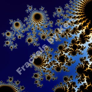 May include: Abstract digital art print featuring a fractal design. The artwork showcases a gradient of deep blue to light blue, with intricate patterns in black and gold. The image has a complex, swirling structure, with the word "Fractals by KC" in the lower left corner.