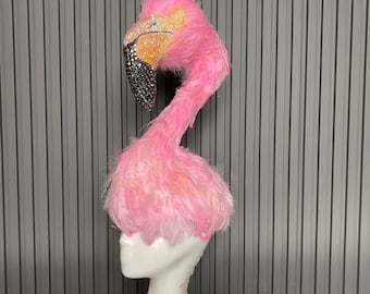 Pink Flamingo Feather Headpiece, Rhinestone Bird Hat, Showgirl Costume Headwear, Festival Carnival Statement Accessory