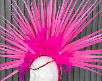 Rosa Federhalo-Kopfschmuck, Festivalkrone, Showgirl-Stirnband, Karnevalskostüm, Burlesque-Kopfschmuck, Rave-Outfit, handgefertigtes Accessoire