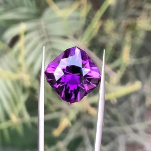 May include: A faceted, cushion-cut amethyst gemstone held by tweezers. The gem is a deep purple color with multiple facets that reflect light. The background is blurred, with green foliage visible.