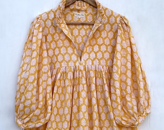 yellow block print maxi dress - v neckline women long dress - 3/4th sleeve with button dress