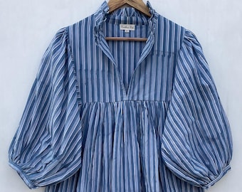 teal striped cotton maxi dress - v neckline dress - 3/4th sleeve hippie long maxi dress