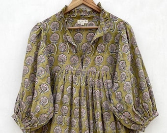 green fan leaves print maxi dress - v neckline long dress - 3/4th sleeve with button maxi dress