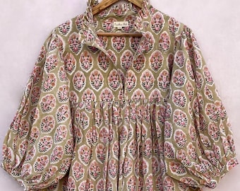 flower printed cotton maxi dress - v neckline - 3/4th sleeve with button