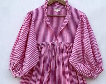 pink line cotton women dress - v neckline boho maxi - 3/4th sleeve with button hippie maxi