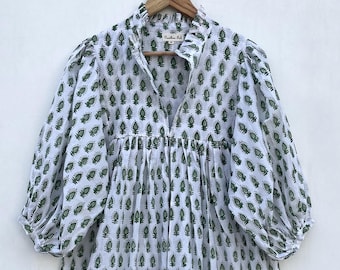 green little booty print dress / v neckline cotton long dress / 3/4th sleeve with button boho long maxi dress