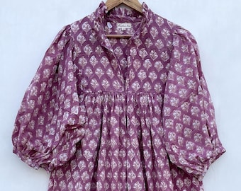 picnic wear maxi dress - v neckline block print dress - 3/4th sleeve with button long dress