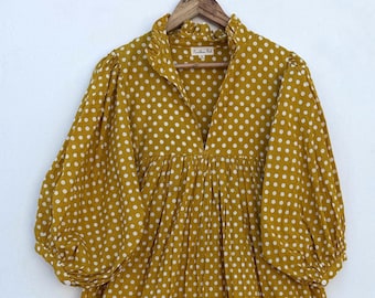 yellow polka dot print maxi dress / v neckline / 3/4th sleeve with button dress
