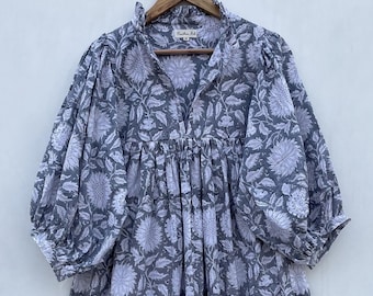 grey floral printed dress - v neckline hippie maxi - 3/4th sleeve with button long maxi dress