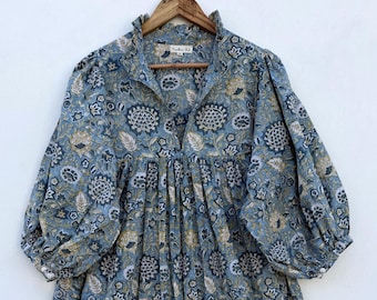 gray floral women maxi dress / v neckline / 3/4th sleeve with buttons long dress