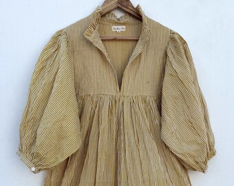 striped print women maxi dress / v neckline / 3/4th sleeve with button cotton dress