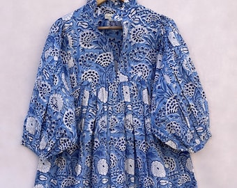 cotton block print dress - v neckline - long sleeve with buttons