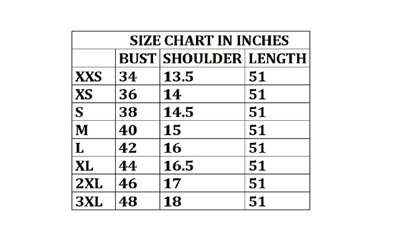 May include: A size chart in inches, with measurements for bust, shoulder, and length. Sizes range from XXS to 3XL, with bust measurements from 34 to 48 inches, shoulder measurements from 13.5 to 18 inches, and a consistent length of 51 inches.