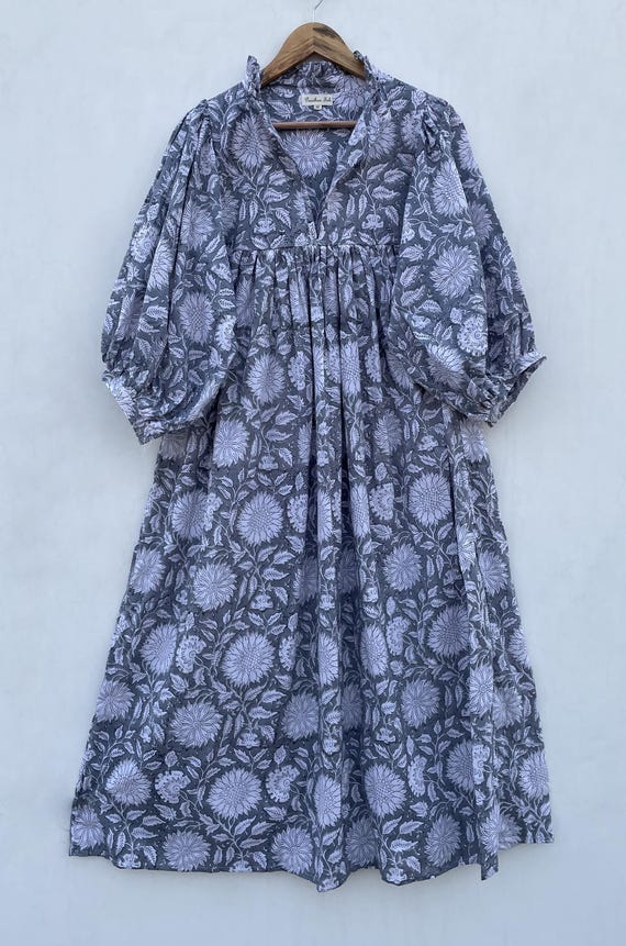 grey hippie dress Grey Floral Printed Dress - V Neckline Hippie Maxi - 3/4th Sleeve With  Button Long Maxi Dress