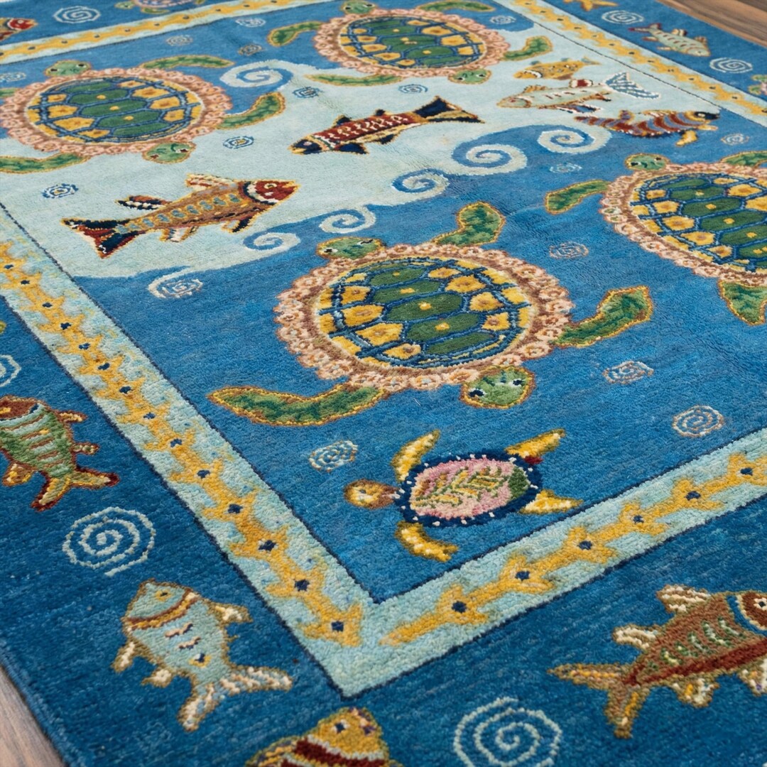 Blue Ocean Koi Fish Wool Rug, Hand Knotted Colorful Turtle Persian Area ...