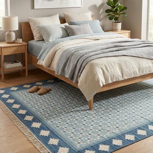 Handgeweven blauw geometrisch wollen vloerkleed, Scandinavisch platgeweven tapijt, woonkamerdecoratie