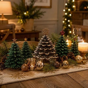 May include: A collection of decorative tabletop Christmas trees in varying sizes, featuring green textured foliage and a central layered wooden tree. The display includes gold and bronze ornaments, pinecones, and a lit candle on a runner.