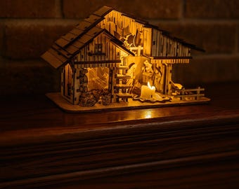Rustic Wood Nativity Set – Fully Assembled – Laser Cut Handmade Christmas Mantel Decor