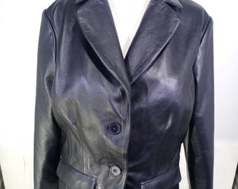 Women's Black Genuine Leather Blazer Classic Two-Button Blazer