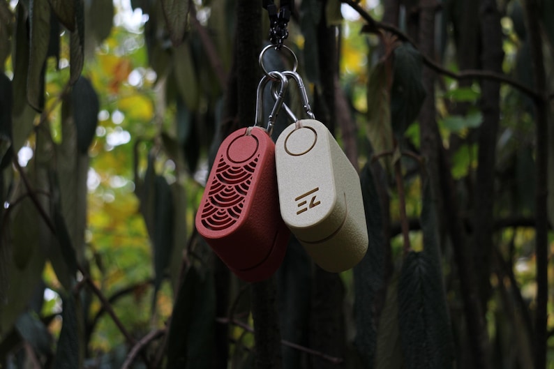 May include: Two small, rectangular, keychains hang from a metal ring. One is red with a decorative pattern, the other is off-white with the letters "EZ". The keychains are suspended against a blurred background of green leaves.