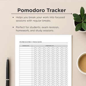 May include: A white paper Pomodoro Tracker sheet with a grid for session dates and logs. The document features the text Pomodoro Tracker at the top and MJW Growth at the bottom. It is presented as a printable digital document for time management.