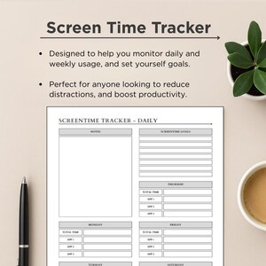 Peut inclure: Un suivi du temps d'écran au format PDF imprimable, avec des sections pour l'utilisation quotidienne et hebdomadaire, conçu pour surveiller l'utilisation des applications et fixer des objectifs. Comprend un espace pour les notes et le suivi des applications.