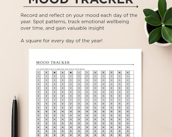 May include: A printable mood tracker with a grid for daily entries. The document includes the title "MOOD TRACKER" and instructions for recording and reflecting on mood. The text "Printable PDF format" is also visible.