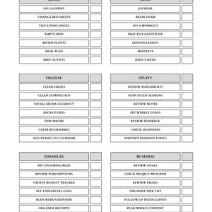 May include: A black and white checklist titled "RESET CHECKLIST" with sections for Home, Mind, Digital, Study, Finances, and Business. Each section contains a list of tasks with checkboxes.