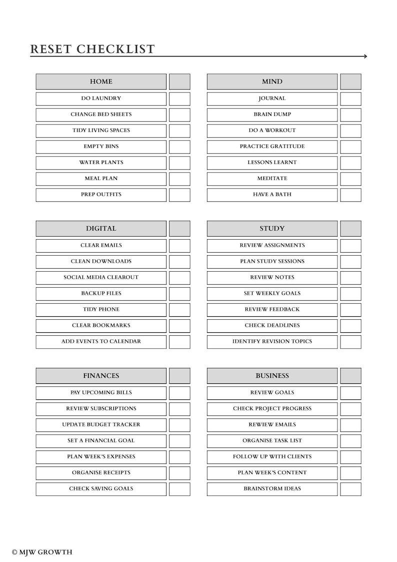 May include: A black and white checklist titled "RESET CHECKLIST" with sections for Home, Mind, Digital, Study, Finances, and Business. Each section contains a list of tasks with checkboxes.
