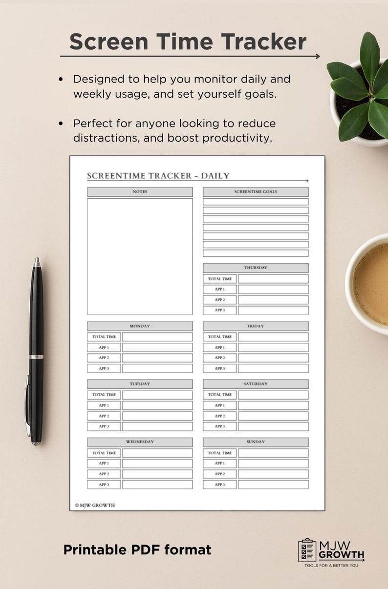 Screen Time Tracker | Daily & Weekly App Usage Log - Etsy