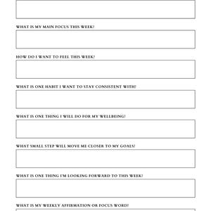 May include: A white planner page with the title "WEEKLY INTENTIONS" at the top. It includes prompts for setting weekly goals, such as priorities, focus, and wellbeing. The bottom of the page has the text "&copy; MJW GROWTH".