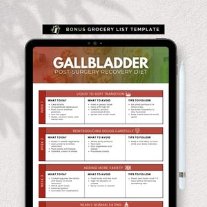 Könnte beinhalten: Ein digitales Tablet zeigt einen "Gallenblasen-Post-OP-Ernährungsplan". Der Leitfaden enthält Informationen zu Ernährungsempfehlungen, einschließlich was zu essen, zu vermeiden und Tipps für jede Erholungswoche. Ein Stift liegt rechts.