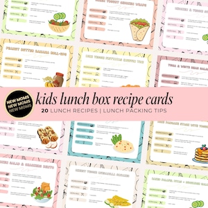 May include: A collection of colorful recipe cards for kids' lunch boxes. The cards feature illustrated recipes with ingredients, methods, and serving suggestions. The text "kids lunch box recipe cards" is prominently displayed, along with "20 lunch recipes | lunch packing tips".
