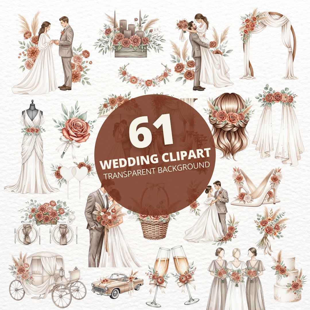 61 Boho Watercolor Wedding Clipart Set: Bride, Groom, Floral Frames ...