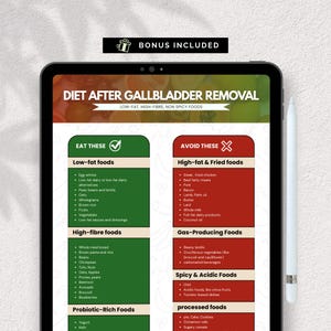 以下が含まれることがあります： デジタルタブレットには、「胆嚢摘出後の食事」というタイトルの食事ガイドが表示されています。ガイドには、食べるべき食品と避けるべき食品が、食品の種類別にリストされています。タブレットの横にはスタイラスが置かれており、上部には「ボーナス付き」という文字があります。