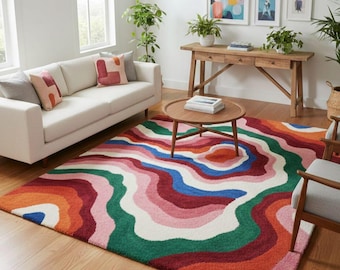 Hand-Tufted Wool Rug | Colorful Abstract Wave, Modern Boho