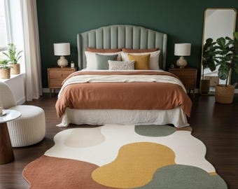 Earthy Abstract Irregular Rug – Green, Mustard & Terracotta Tufted Carpet for Bedroom, Living Room,